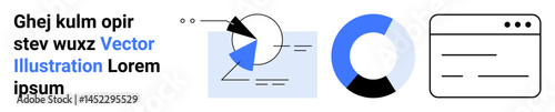 Geometric diagram with arrows, colored pie chart, and window interface mockup. Ideal for analytics, interface design, statistics, presentation, education, reports abstract art simple landing page