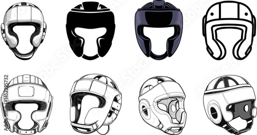 Boxing Headgear Vector Set – Stylized Protective Helmets for Fighters, Combat Sports Equipment Illustrations, Martial Arts Head Guards, boxing helmet , Clean Line Sports Gear Icons