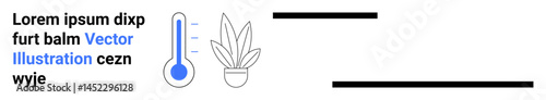 Thermometer indicating blue temperature gradient beside a single potted plant with linear style. Ideal for health, nature, environment, energy, wellness, minimalism, and organic themes. Perfect
