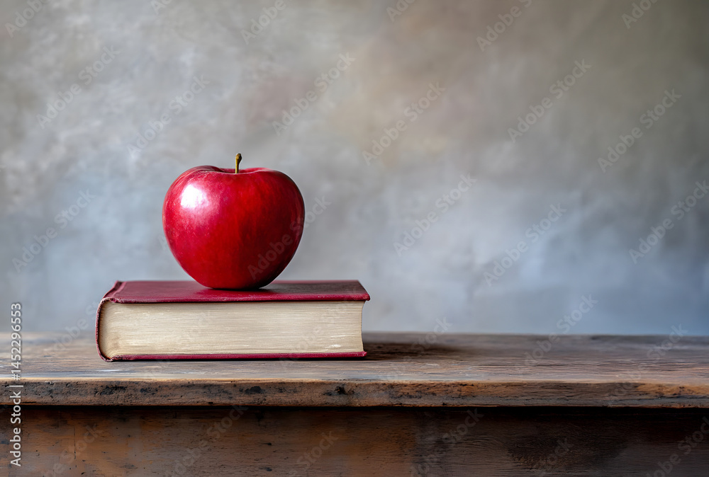 Bright red apple resting on hardcover book atop rustic wooden table with soft neutral background, styled to highlight natural detail, balance, and calm indoor atmosphere with warm light.