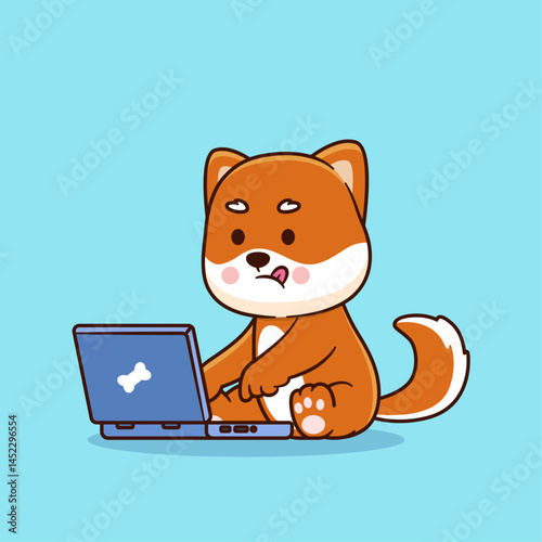 Vector illustration of cute cartoon shiba inu working on laptop. Animal and technology icon concept Isolated. Puppy in flat cartoon style.