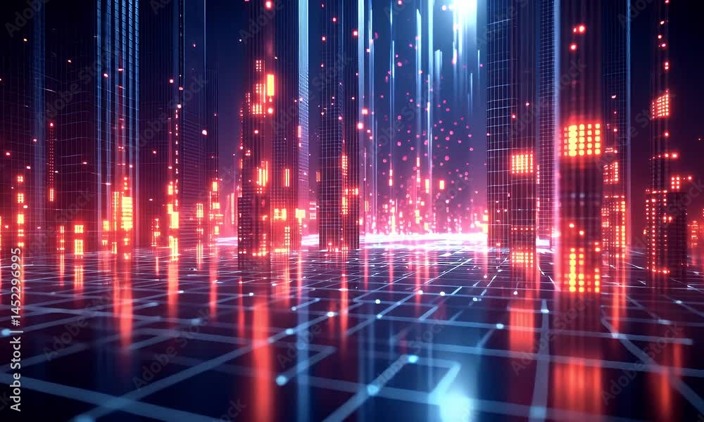 Futuristic Digital Cityscape with Glowing Red and Blue Lights Futuristic Digital Cityscape with Glowing Red and Blue Lights