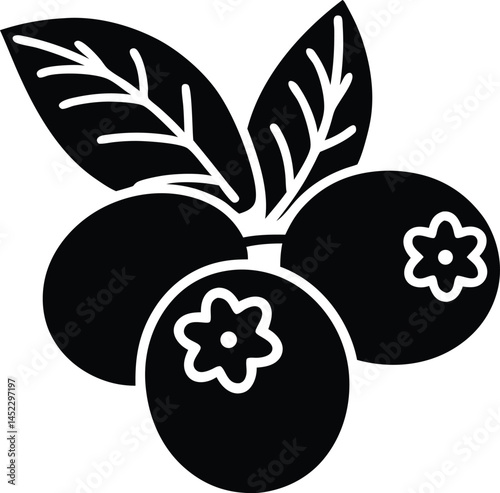 Black and white vector graphic featuring blueberries and leaves minimalist design