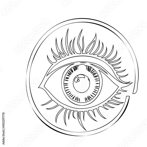 Monochrome representation featuring a stylized eye within circular enclosure design