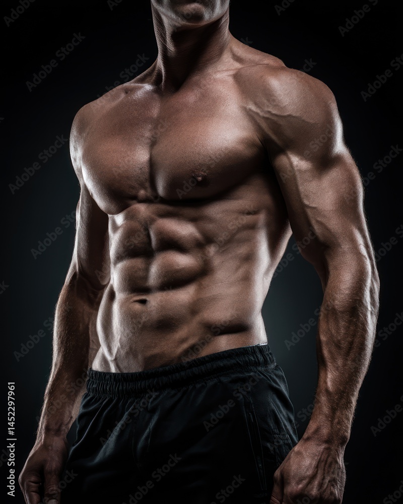 Athletic Male Showing Strong Muscles and Definition in Studio Lighting