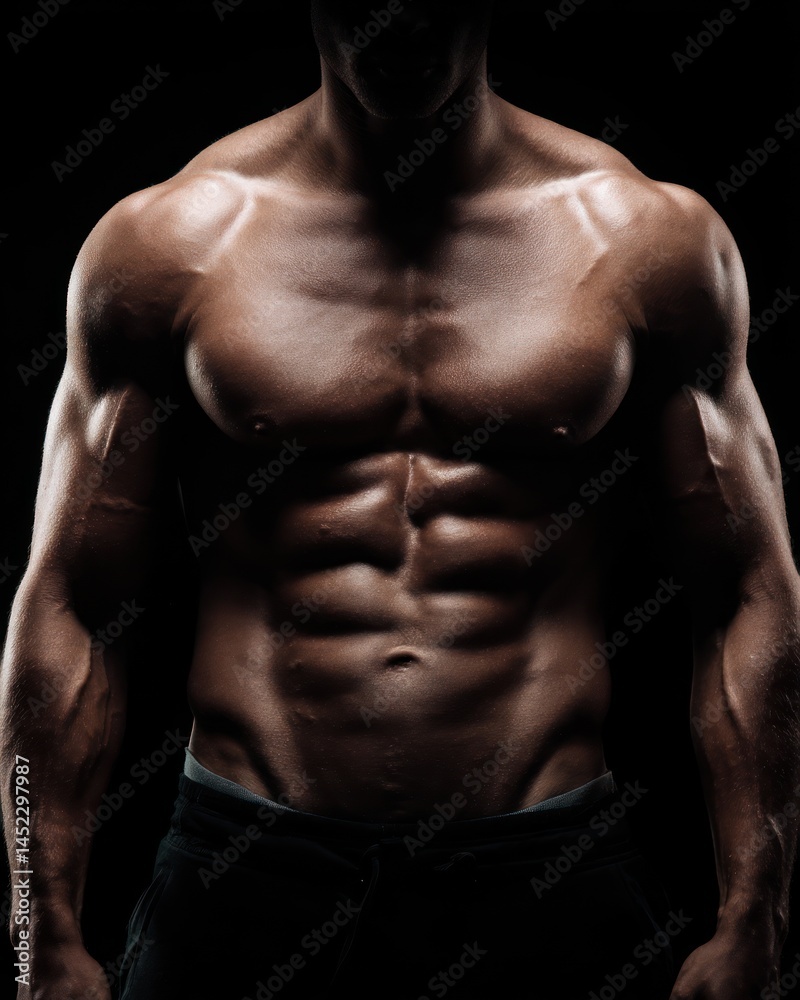 Muscular Male Torso in Shadow with Defined Abs and Strong Arms Muscular Male Torso in Shadow with Defined Abs and Strong Arms