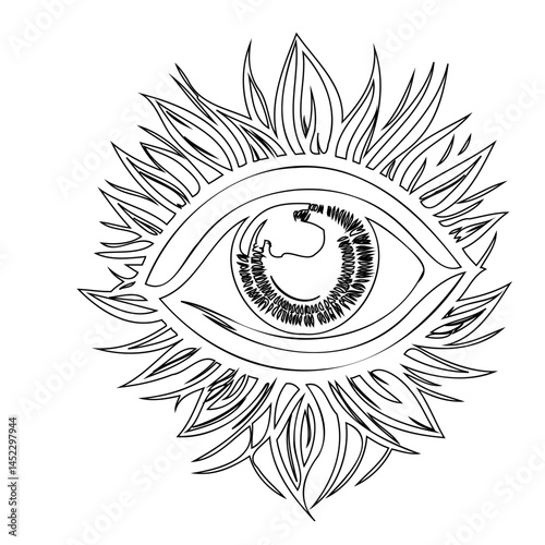 Line art illustration of an all-seeing eye with radiating, flame-like projections