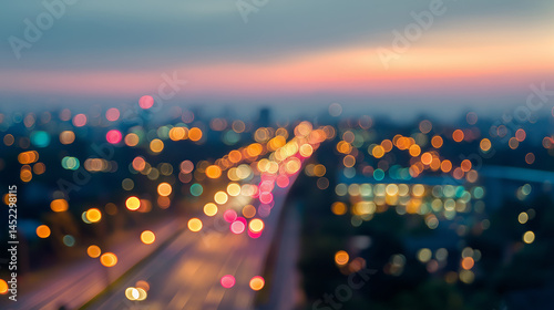 Bright glowing lights of district in megapolis under dusk sky in evening on blurred background 