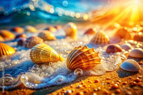 Family Vacation Seashells Macro Photography: Close-up details of seashells on a summer beach holiday.