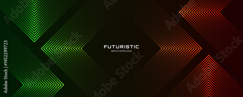 3D green red techno abstract background overlap layer on dark space with arrows lines effect decoration. Modern graphic design element stripes style concept for web, flyer, card, or brochure cover