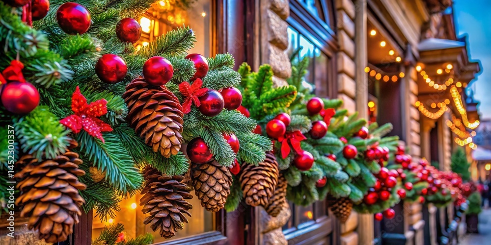 Fototapeta premium Festive Christmas Decor: Pine Cones, Holly, Red Ornaments, Holiday Celebration