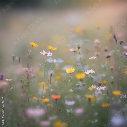 Close-up of meadow flowers in a field against a background of grass