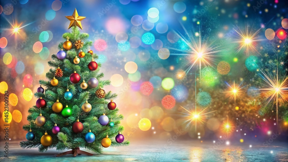Festive Christmas Tree with Bokeh Lights, Star & Ornaments - Merry Christmas & Happy New Year Festive Christmas Tree with Bokeh Lights, Star & Ornaments - Merry Christmas & Happy New Year