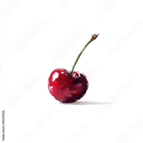 Single Cherry Illustration on White Background - Fresh, Juicy, Red Fruit with Stem, Detailed Watercolor Style, Isolated for Food and Summer Themes