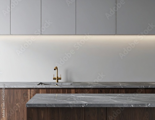 Modern minimalist kitchen interior with dark wood cabinets, grey marble countertops, and bra 