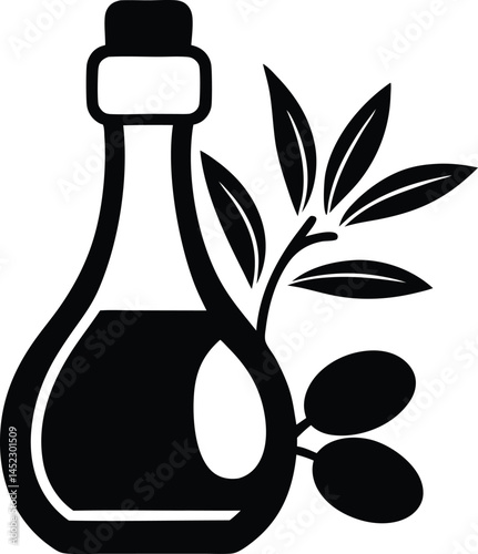 Olive oil bottle with olive branch vector illustration in black and white