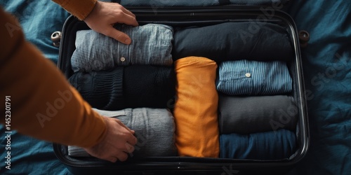 Hands Arranging Clothes in Suitcase Organizer