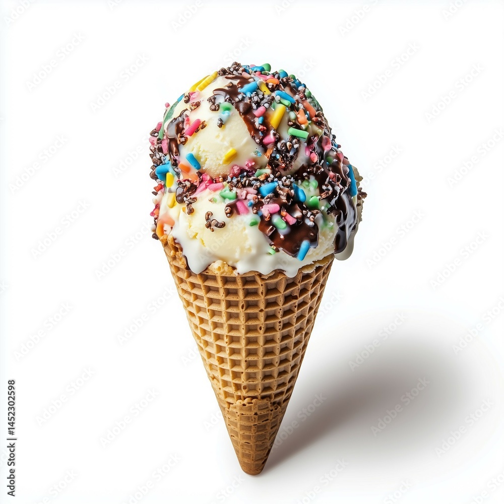Ice cream cone with rainbow sprinkles and chocolate drizzle Ice cream cone with rainbow sprinkles and chocolate drizzle
