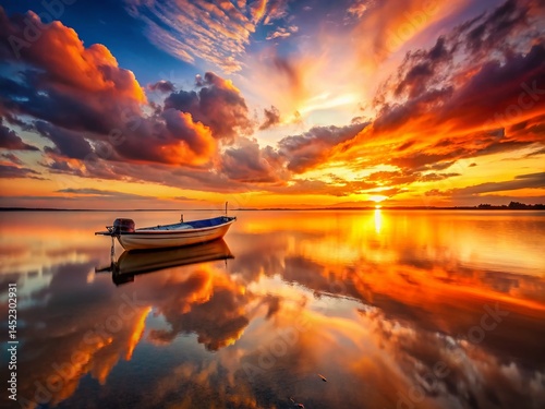 Fiery Sunrise over Calm Water: Solitary Boat at Dawn