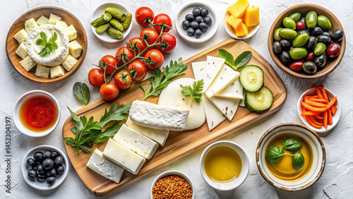 Traditional Turkish Breakfast  – Authentic Kahvaltı Spread with Cheese, Olives, Simit, Menemen, and Tea on White Background