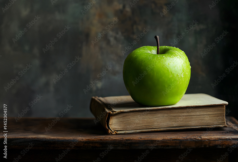 Close-up of fresh green apple resting on old book with visible textured paper, captured atop rustic wooden table to highlight vintage charm, natural detail, and warm storytelling tones.