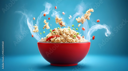Aromatic rice dish in vibrant red bowl with steam rising against a blue background