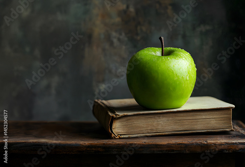 Obraz na płótnie Close-up of fresh green apple resting on old book with visible textured paper, captured atop rustic wooden table to highlight vintage charm, natural detail, and warm storytelling tones. w salonie