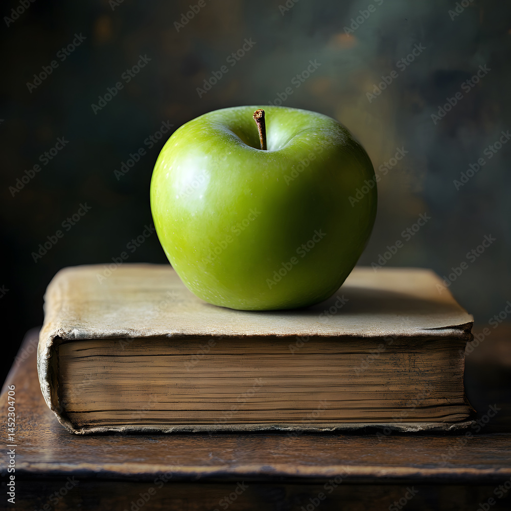 Close-up of fresh green apple resting on old book with visible textured paper, captured atop rustic wooden table to highlight vintage charm, natural detail, and warm storytelling tones.