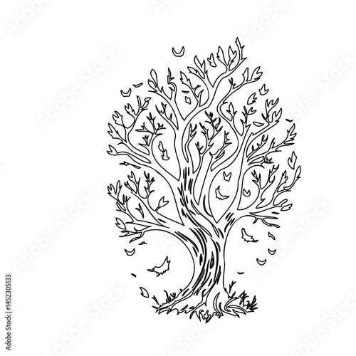 Whimsical hand-drawn tree silhouette with delicately falling leaves in monochrome
