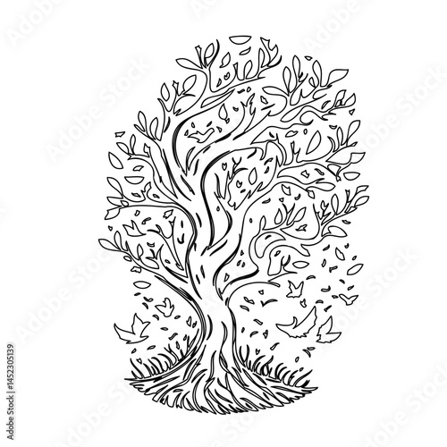 Stylized arboreal illustration featuring a black and white tree drawing