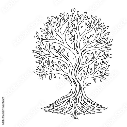 Stylized arboreal illustration with intricate branches and foliate details