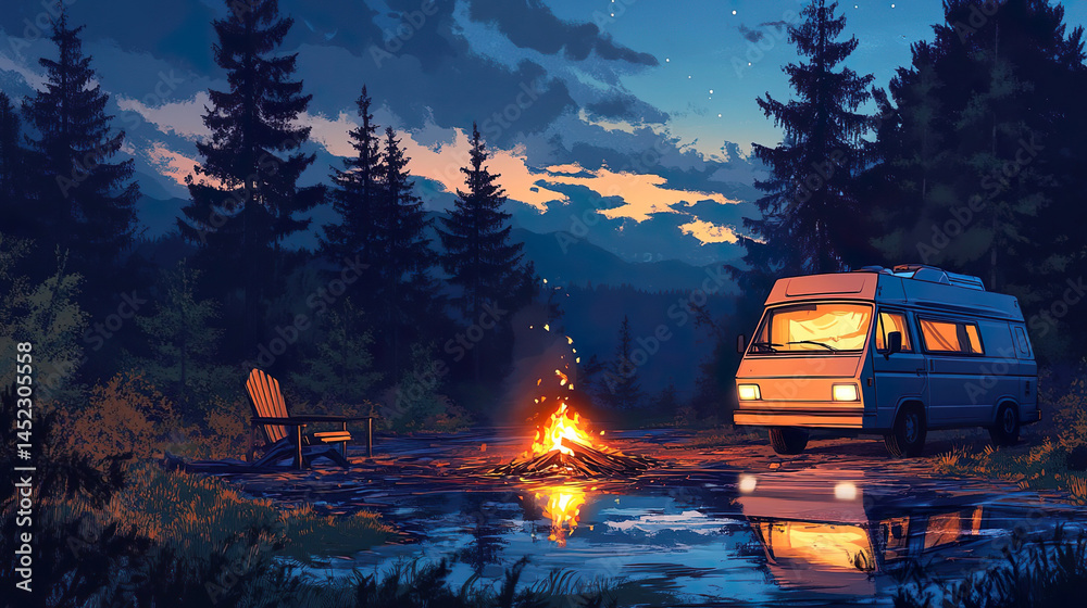 キャンプカーと夕暮れの森01
