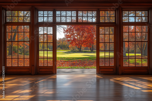 sunlit country club interior with expansive glass doors overlooking vibrant autumn golf course