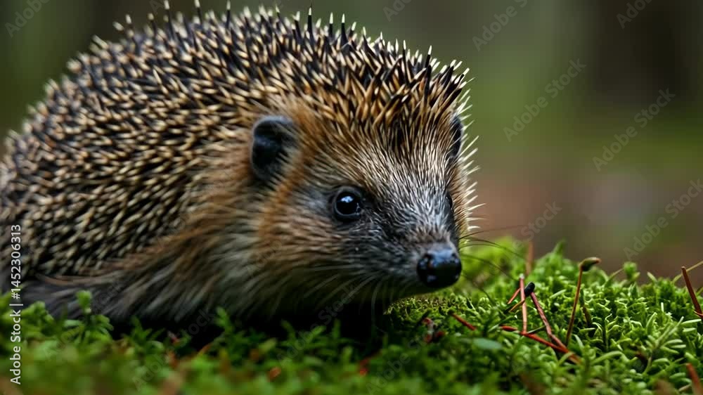 Cute hedgehog in the forest on moss Cute hedgehog in the forest on moss