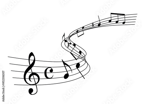 Musical notes in decorative wavy pattern isolated on white background