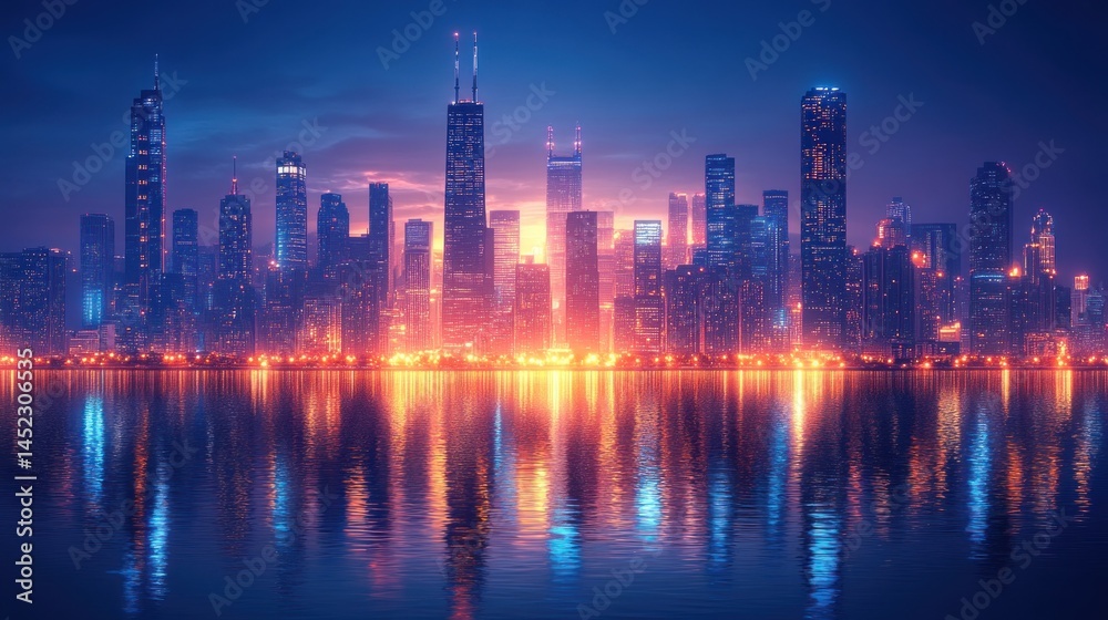Obraz premium City skyline at sunrise reflected in water