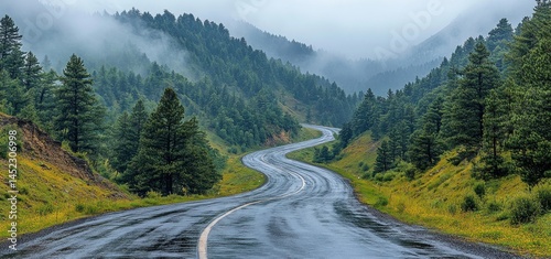 Serene Mountain Road in the Rain: A Journey Through Misty Peaks