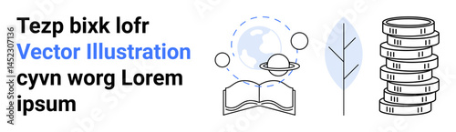 Open book with orbiting planet, globe, leaf, and stacked coins symbolizing knowledge, global concepts, sustainability, and finance. Ideal for education, environment economy future technology