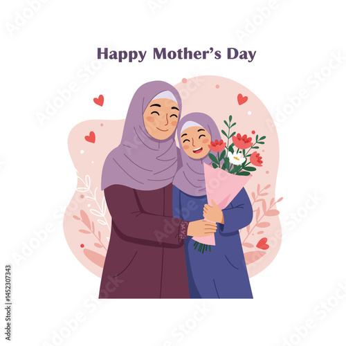Muslim Mother and Daughter Embrace – Happy Mother’s Day Vector Design