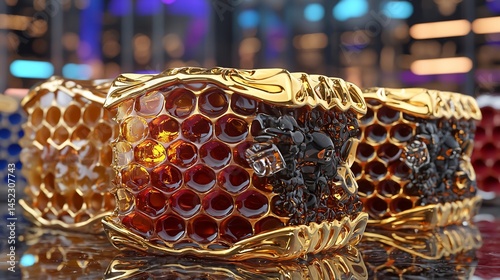 Gold honeycomb rings, intricate design photo