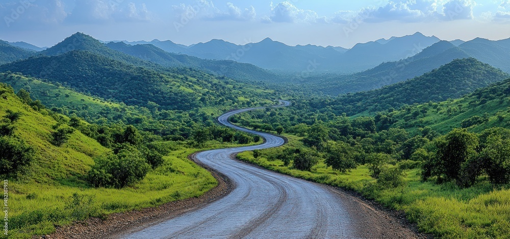 Fototapeta premium Serene Winding Road Through Lush Green Mountains
