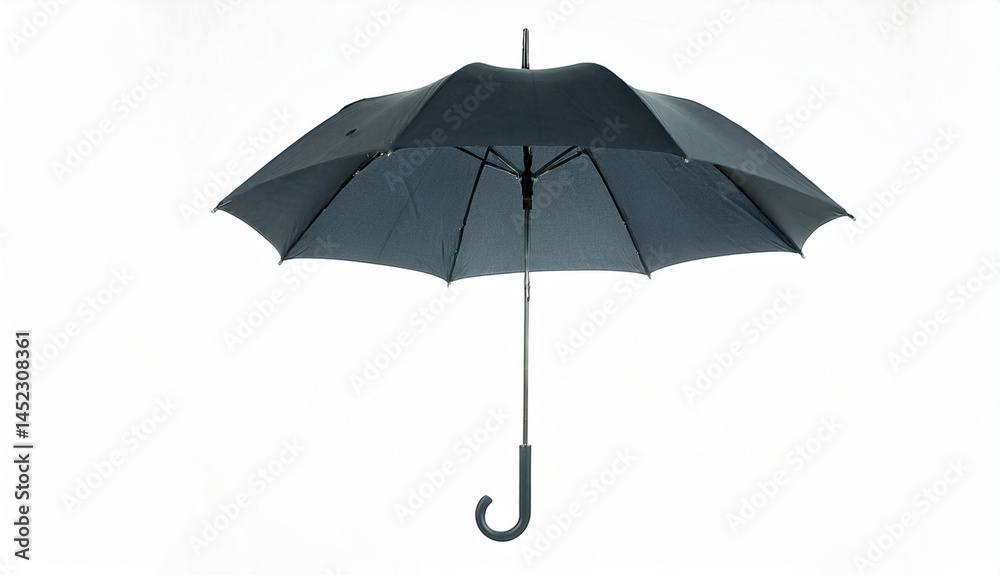 Black umbrella with a curved handle against a white background. Black umbrella with a curved handle against a white background.