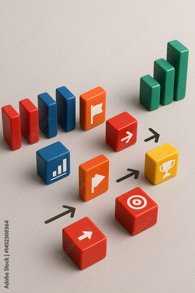 Obraz premium Glossy dominoes and solid-colored cubes arranged on a soft gray background with data tracking, goal, and competition icons plus directional arrows, symbolizing achievement, strategy, and progress.