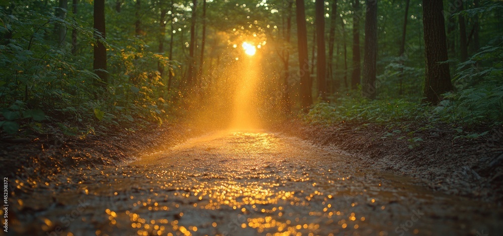 Fototapeta premium Golden Hour Forest Path: A Magical Sunset Walk