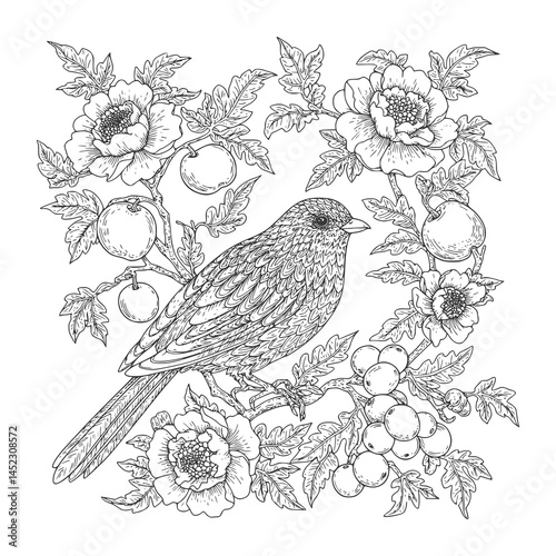 Wallpaper Mural Bird and flowers illustration. Adult coloring page Torontodigital.ca