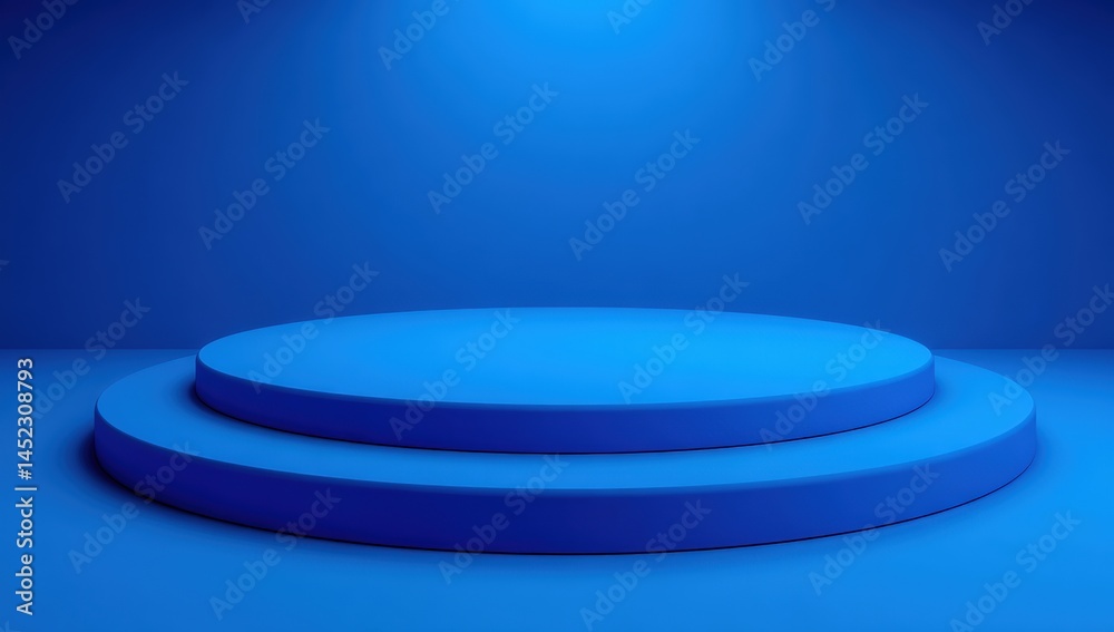 A minimalist blue podium with two circular steps is illuminated by a spotlight in a monochromatic blue room. A minimalist blue podium with two circular steps is illuminated by a spotlight in a monochromatic blue room.