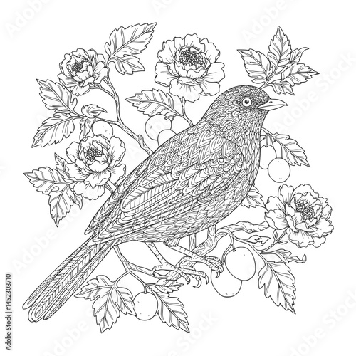 Wallpaper Mural Bird and flowers illustration. Adult coloring page Torontodigital.ca