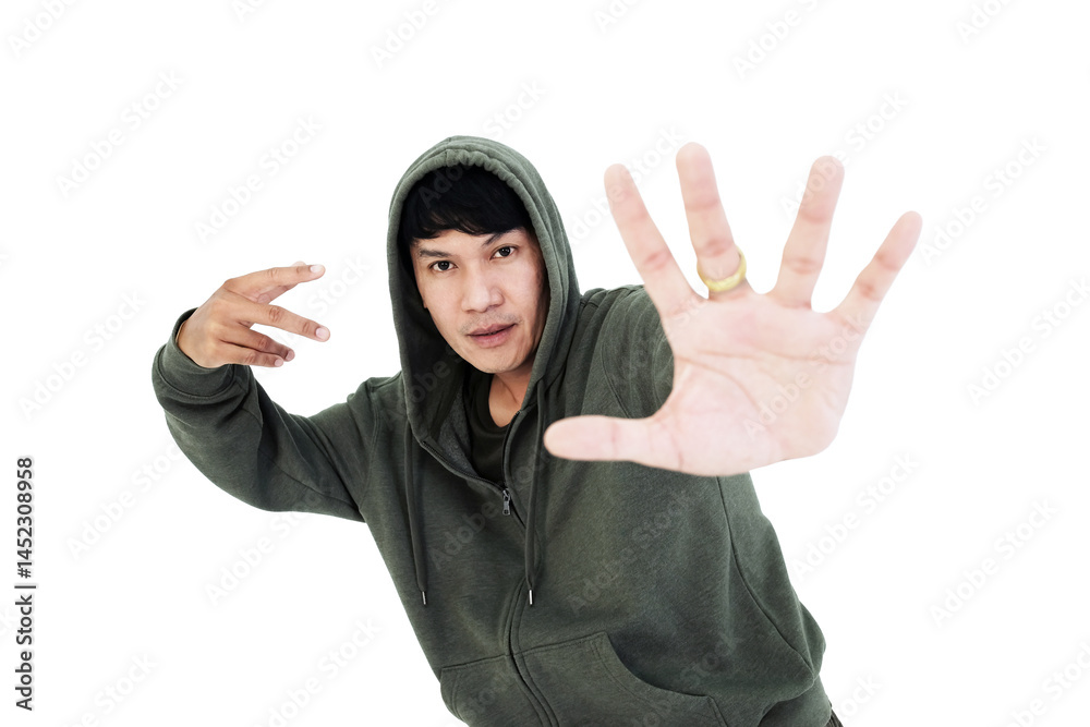 Smiling Asian young professional dancer man is hip hop dancing in class studio. Education and sport for hobbies concept Smiling Asian young professional dancer man is hip hop dancing in class studio. Education and sport for hobbies concept