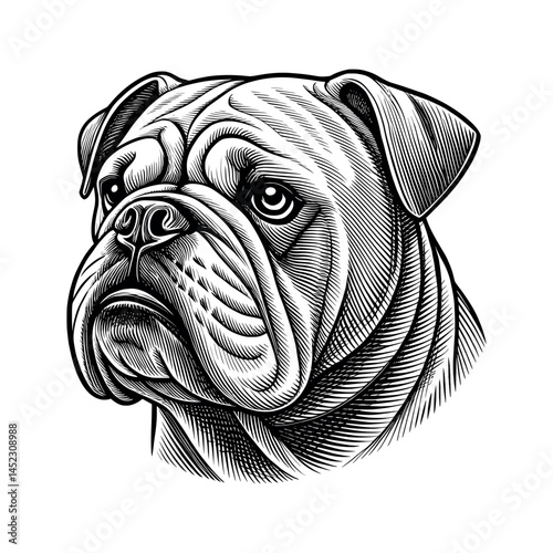 Hand-Drawn Bulldog Portrait Vector Illustration – Detailed Black and White Sketch of Dog Head