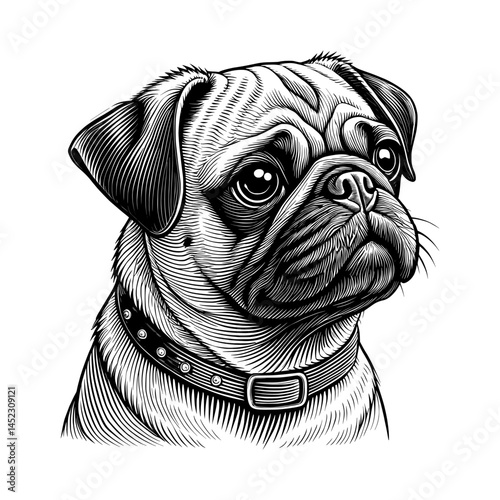 Pug Portrait Vector Illustration – Detailed Black and White Dog Art